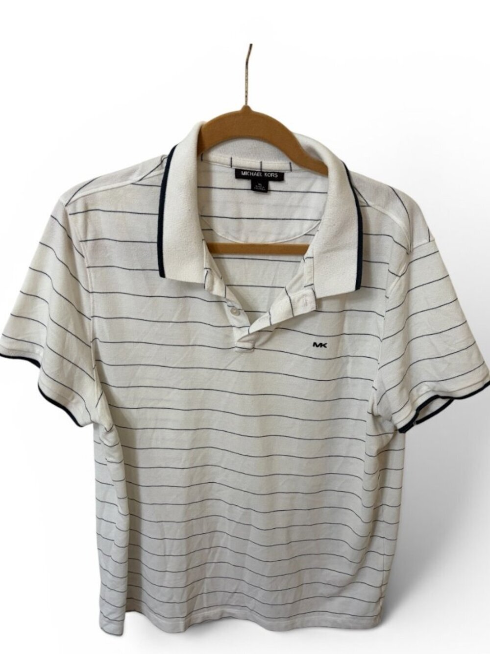 Michael Kors White Blue Striped Two Button Polo Shirt Contrast Collar Men's XL - Picture 2 of 5